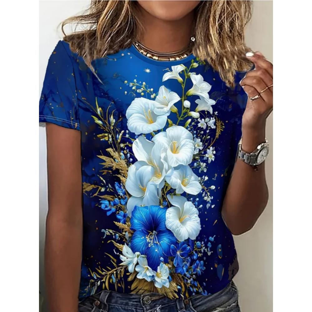 Summer Women T-shirt Creative Flower 3D Printed Short Sleeved T-shirt Fashionable Comfortable Soft Breathable Large Loose T-shirt