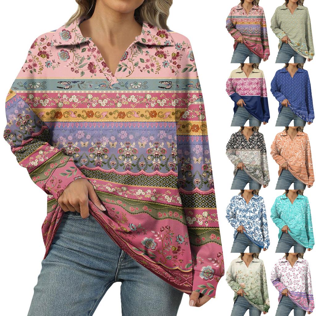 Women's Summer Fashion Casual  Printed V-Neck Long Sleeve Shirt Top