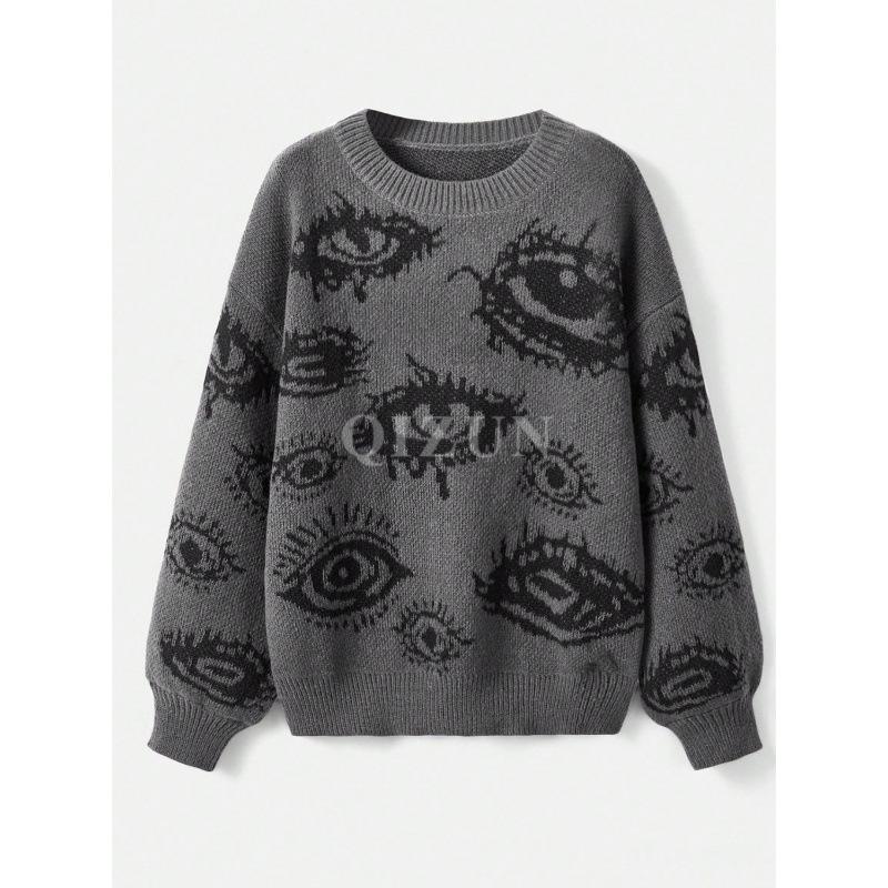 3D Print Loose Street Style Color Block Pullover Sweater for Autumn/Winter
