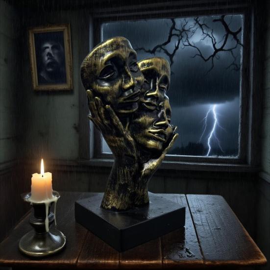 Gothic Bronze Face Sculpture Abstract Dark Art Human Face Resin Figurine Statue Home Office