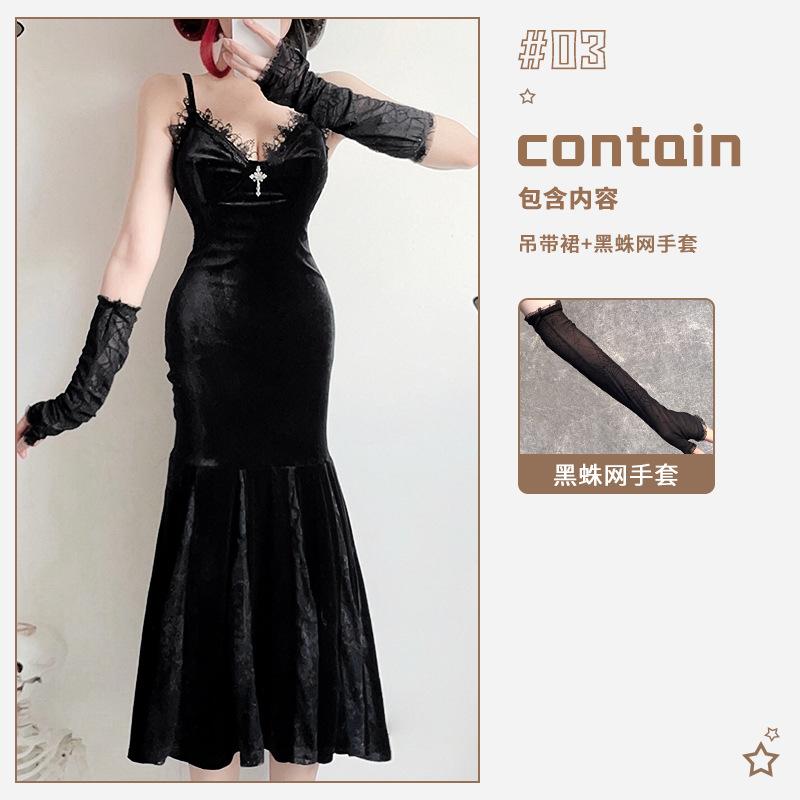 Dark goth halloween costume black dress long sexy witch costume