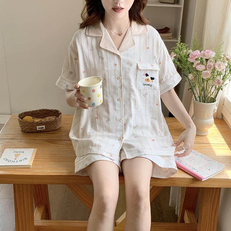 Vernis Cotton Gauze Summer Pajamas Set Women's Lapel Cardigan Cartoon Printed Short-sleeved Shorts Loungewear