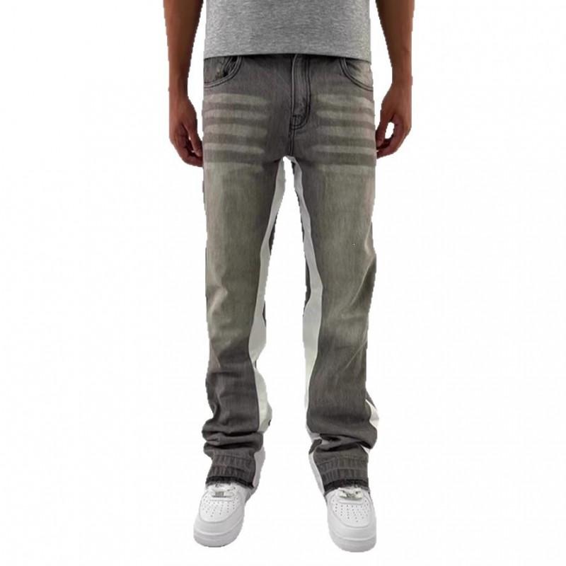 Mens Relaxed Fit Straight Leg Denim Jeans With Washed Vintage Patchwork Design Casual Streetwear Trousers