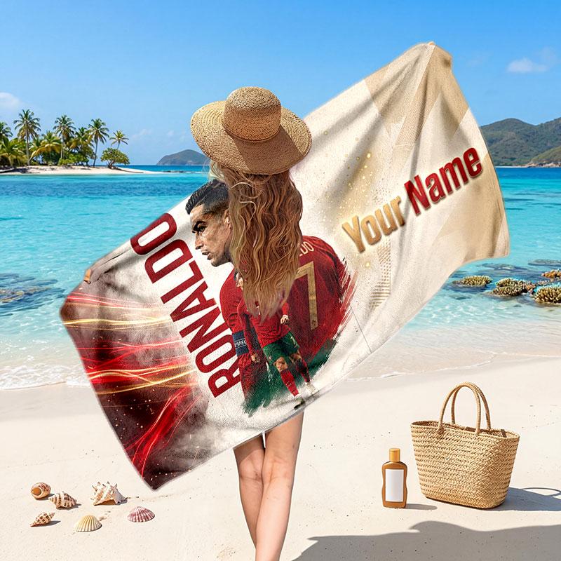 Cristiano Ronaldo Custom Beach Towel, Personalized Name Text Print, Football Logo Soft Quick‑Dry Towel Holiday Gift