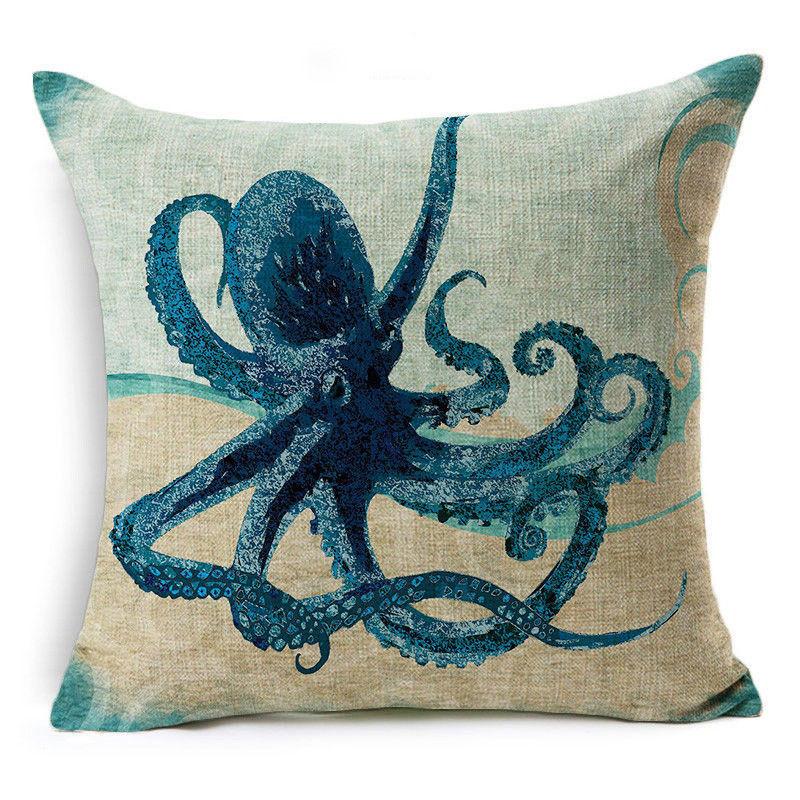 Exquisite 18" Blue Sea Animal Cotton Linen Cushion Cover For Stylish Living Spaces