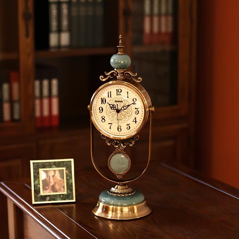 Vintage Luxury Iron Art Table Clock with Crackled Green Glass Dome Silent, Battery Powered Home Decor Accent, Golden Ornate Design for Living Room