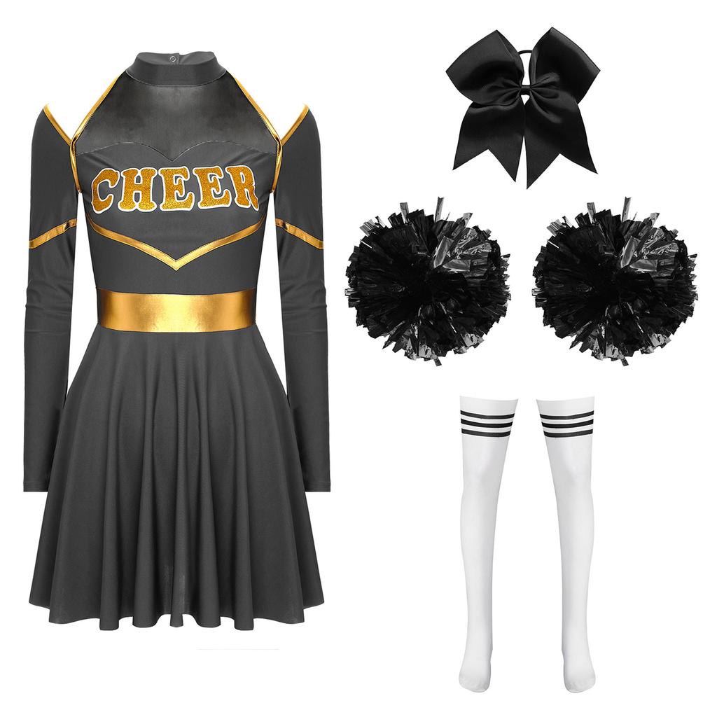 Complete Cheerleading Halloween & Performance Outfit for Women S-XXL: Cutout Dress with Accessories (Bow, Socks, Flowers)