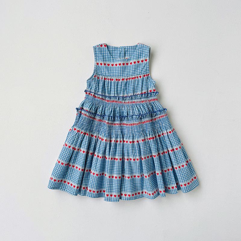 Sweet Cherry Print Girls Summer Dress Sleeveless Tiered Cake Dress Kids Children Vest Dress Casual Party Wear 100cm