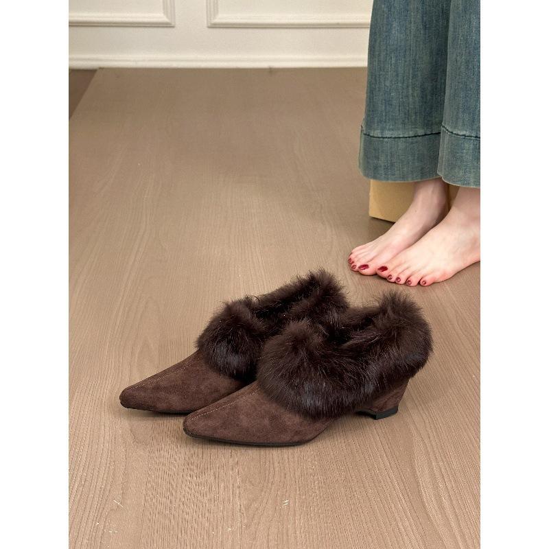 Gentle Tie! Retro Suede Pointed Head Hairy Edge Single Shoes Winter Velvet Inner Height-increasing Single Shoes