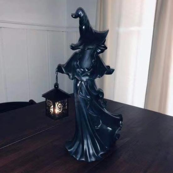 LED Witch Lantern Ornament Halloween Faceless Ghost Sculpture Holding Lantern Vintage Resin Witch Statue for Yard Patio Lawn Decor