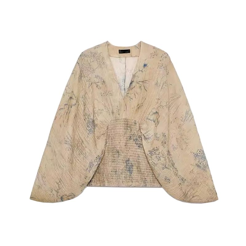 

Za 2025 Autumn New Western Style Retro V-neck Bat Long sleeve Loose Print Shirts Top 8286005 Light yellow M