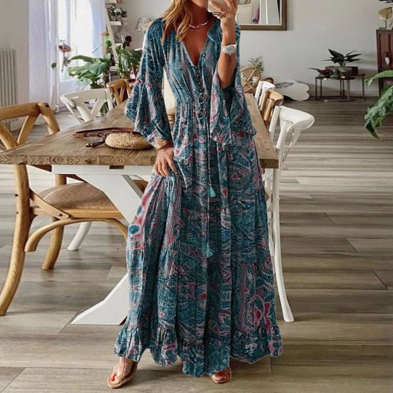 Damen Maxikleid V-Ausschnitt Bunter Druck Trompetenärmel Hohe Taille Lockerer Saum Anziehen