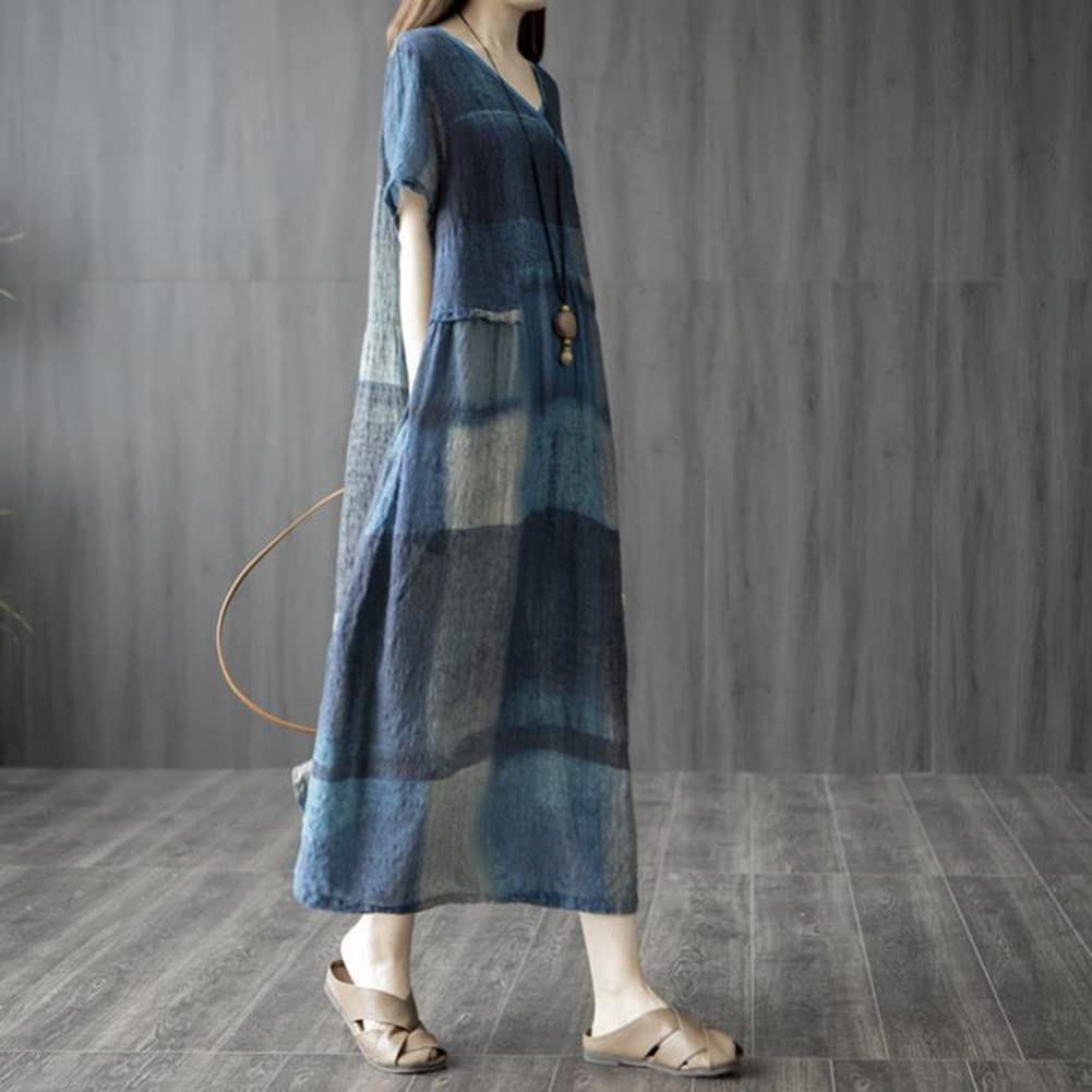 AOLIPT Long Summer Checkered Long Short Loose Plus Natural Women's Dress, Cotton-Linen Dress, Length, Sleeves, V-Neck, Fit, Sizes, Slimming, (M Blue)