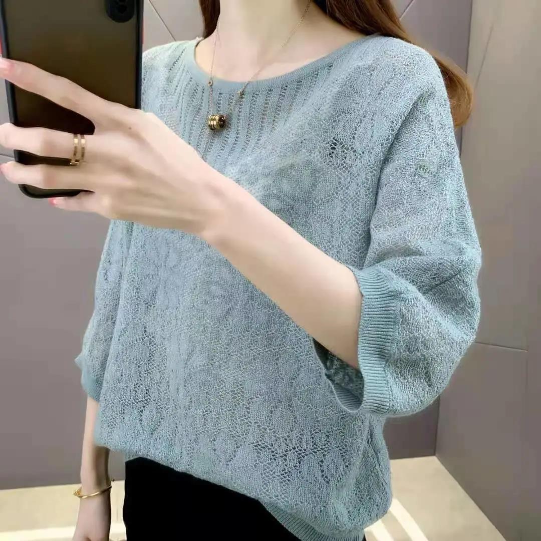 

Весенне-летняя женская модная свободная трикотажная нижняя рубашка с круглым вырезом, тонкая полая футболка с короткими рукавами XL синий