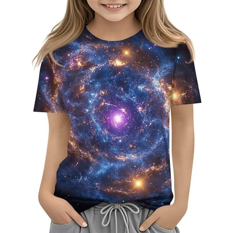 Girls T Shirts Summer Casual Starry Sky 3D Printed Short Sleeved Round Neck Children's T-shirt