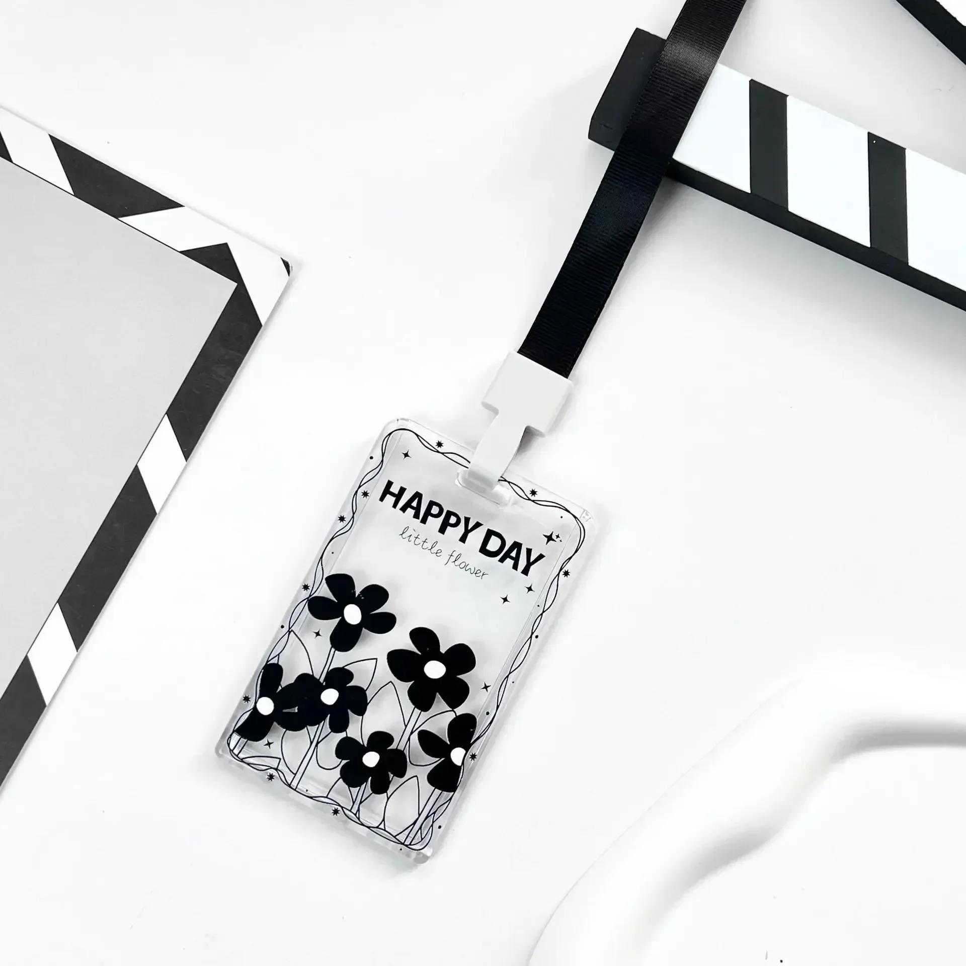 

Чехол для карт с черным цветком, прозрачный держатель для студенческой карты, чехол для карты контроля доступа, чехол для карты на пружине, держатель для удостоверения личности