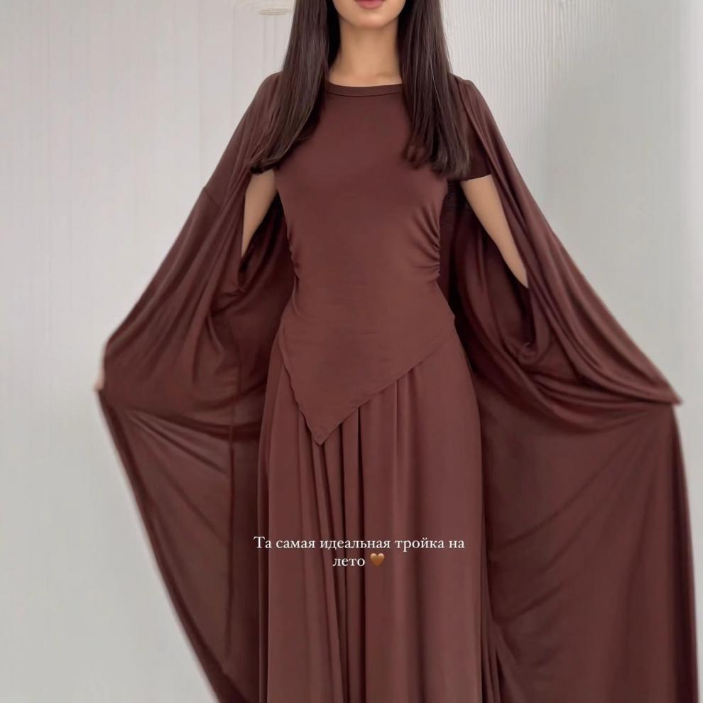 2025 Autumn Versatile Headscarf, Short Sleeve, Midi Skirt Three-piece Set