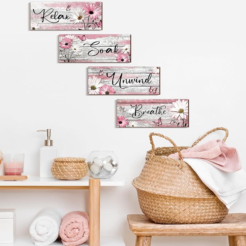 Sunnyray 4 Pcs Farmhouse Bathroom Wall Decor Sign Daisy Tulip Flowers and Butterfly Bathroom Wall Art Relax Soak Unwind 10 x 4 Inch розовый
