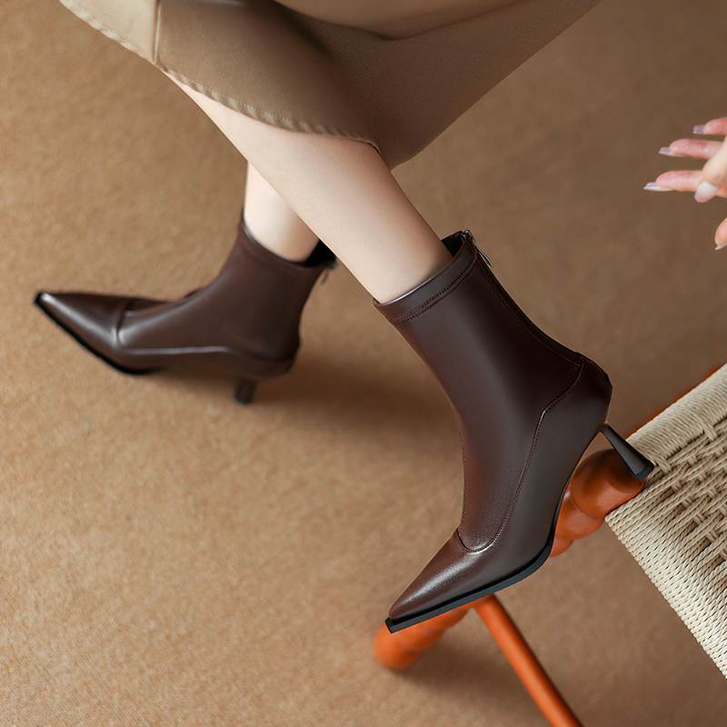 Krazing Pot Microfiber Autumn Winter Shoes Stiletto Thin High Heels Big Size 40 Modern Boots Pointed Toe Keep Warm Zip Ankle Boots