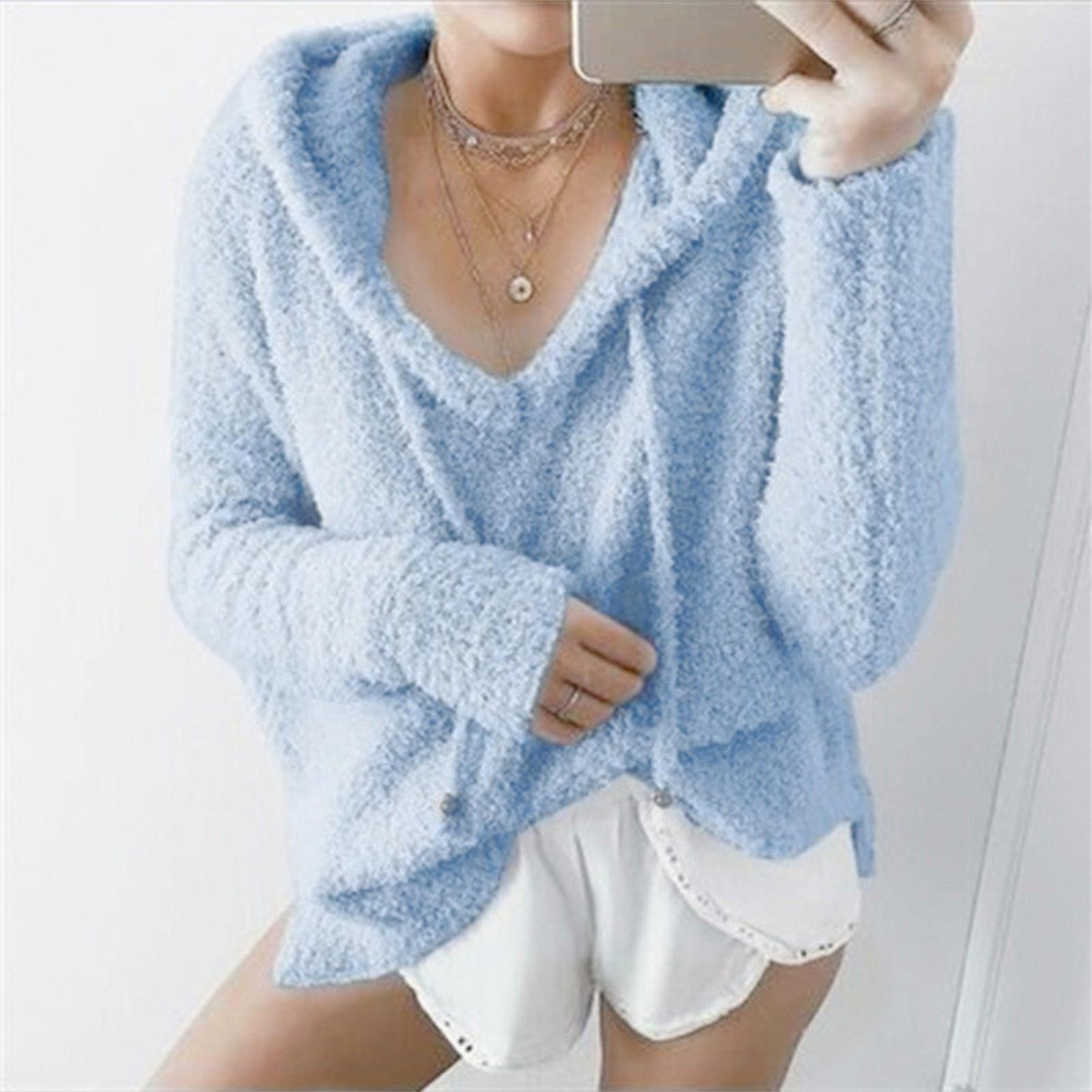 

Женские топы с длинными рукавами, зимняя теплая блузка, толстовка, пуловер с капюшоном, топ XXL небесно-голубой