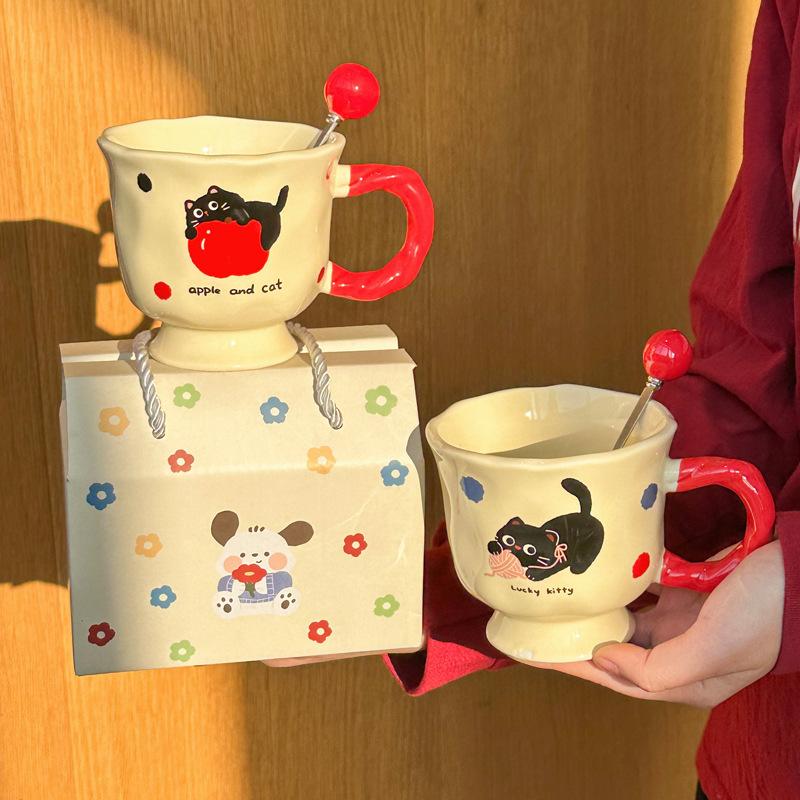 Cute cat apple ceramic mug as a gift, couple drinking cup for girls' birthday gift gift gift box