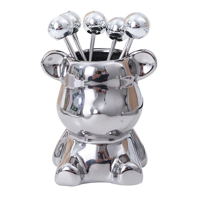 Barattolo Porta Posate da Frutta Forma di Animale Carino Portaposate da Forchetta in Ceramica con 6 Forchette da Frutta in Acciaio Inossidabile