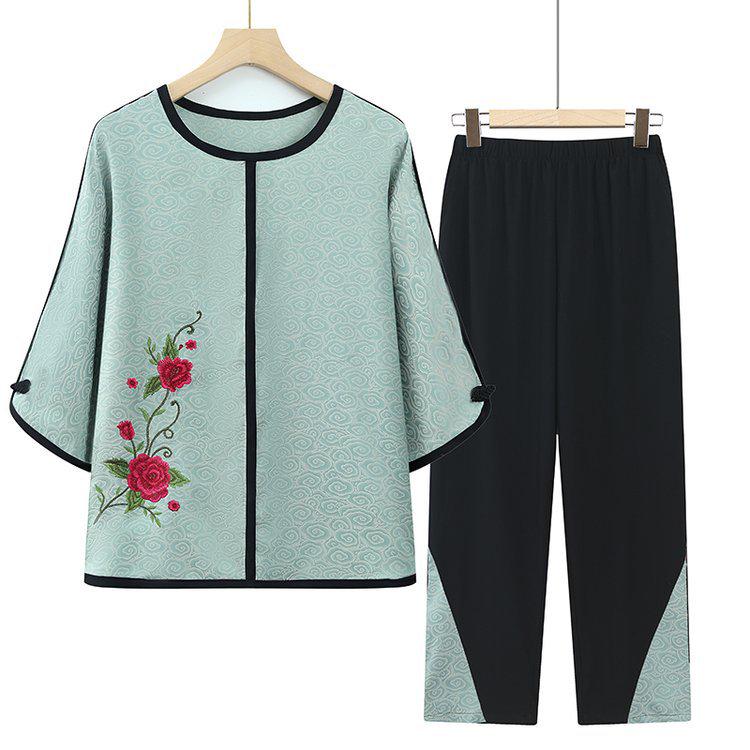 

Grandma Style Summer Two-Piece Set: Fashionable Clothing for Women in Their 60s and 70s 3XL (120-130 jin)