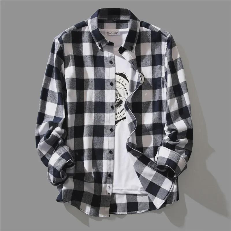 Men's Korean-Style Black and White Plaid Long-Sleeve Casual Shirt
