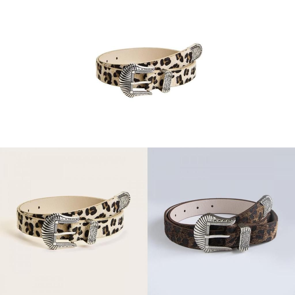 Leopard Print Pu Leather Belt With Vintage Carving And Metal Buckle For Streetwear Style