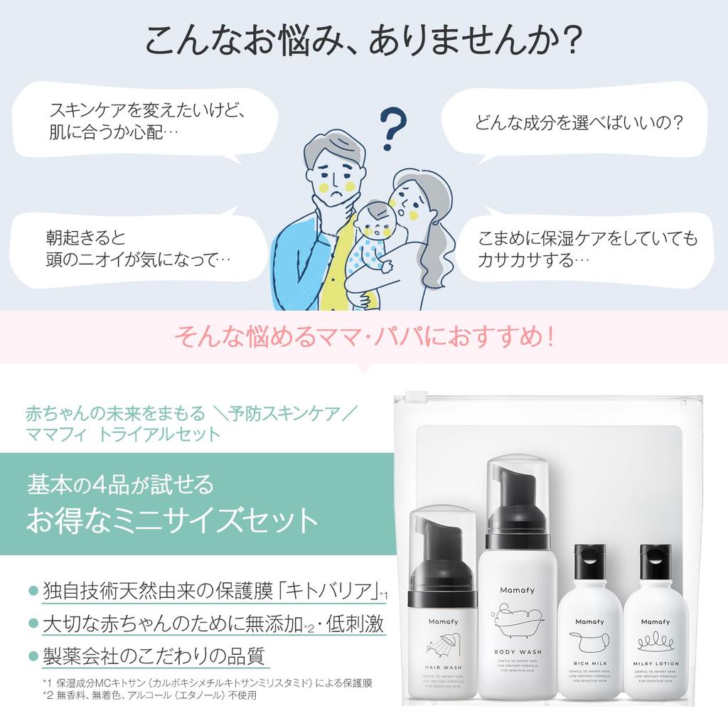 Mamafy Zestaw Próbny Żel do mycia 25ml Żel do mycia ciała 80ml Bogate mleczko 30g Mleczna emulsja Pielęgnacja skóry Przenośny zestaw próbny 2 tygodnie Dla niemowląt Hipoalergiczny Skóra wrażliwa
