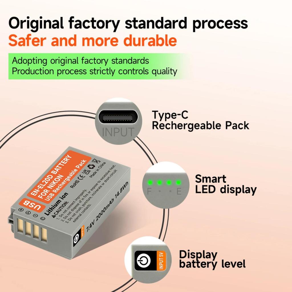 PALO EN-EL20 Battery with USB Input for Nikon Coolpix P1000 P950, 1 J1, 1 J2, 1 J3, 1 S1 2000mAh Li-ion Digital Camera