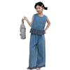 Girls' Summer Denim Plaid Lace Two-Piece Set: Sleeveless Vest & Wide-Leg Pants, Korean Style