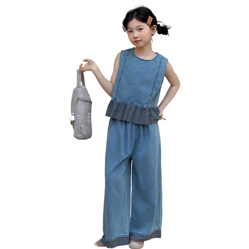 Girls' Summer Denim Plaid Lace Two-Piece Set: Sleeveless Vest & Wide-Leg Pants, Korean Style