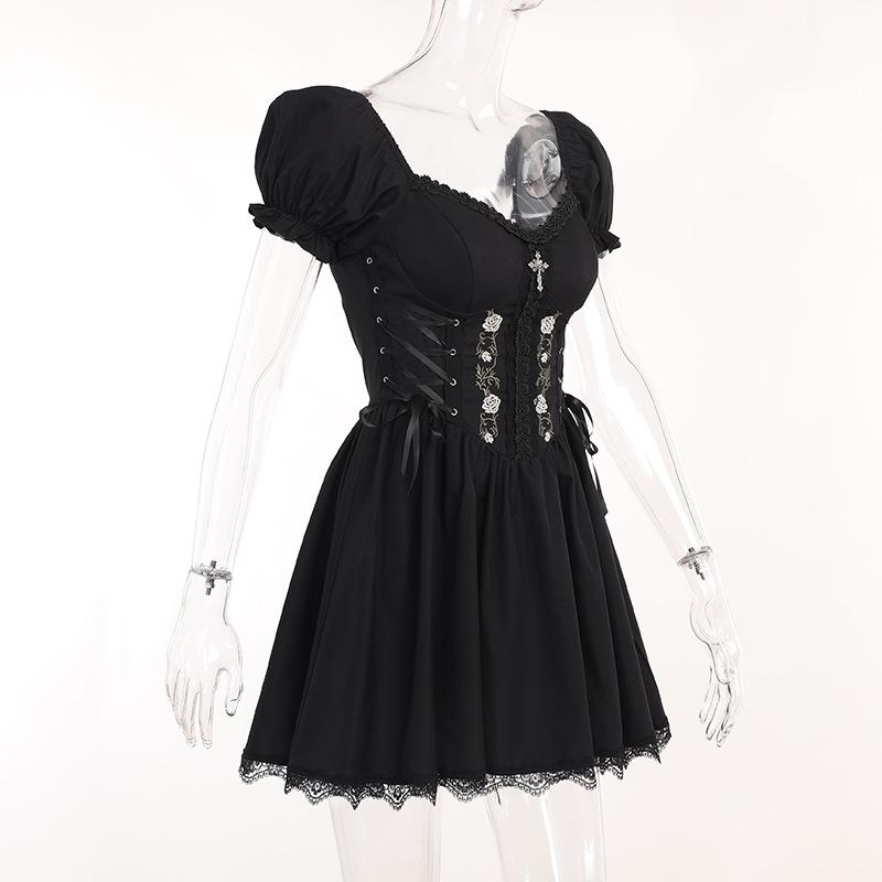 Goth Gothic Vintage Princess Dress Women Dark Lace Up Cross Corset Streetwear Partywear Lolita Female