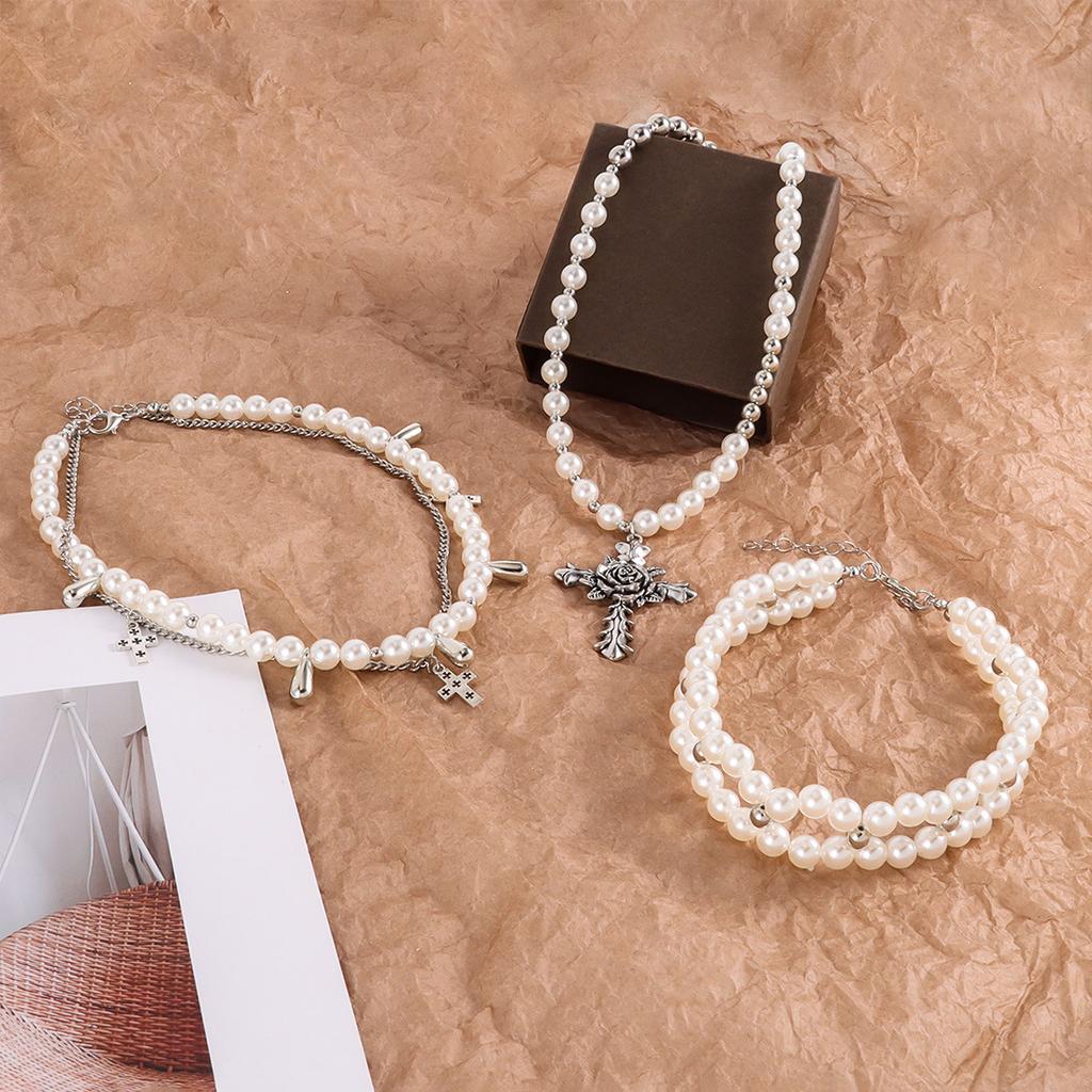 Y2K Accessories Simulation Pearl Cross Choker Necklace for Women Korean Punk Goth Jewelry Accessories