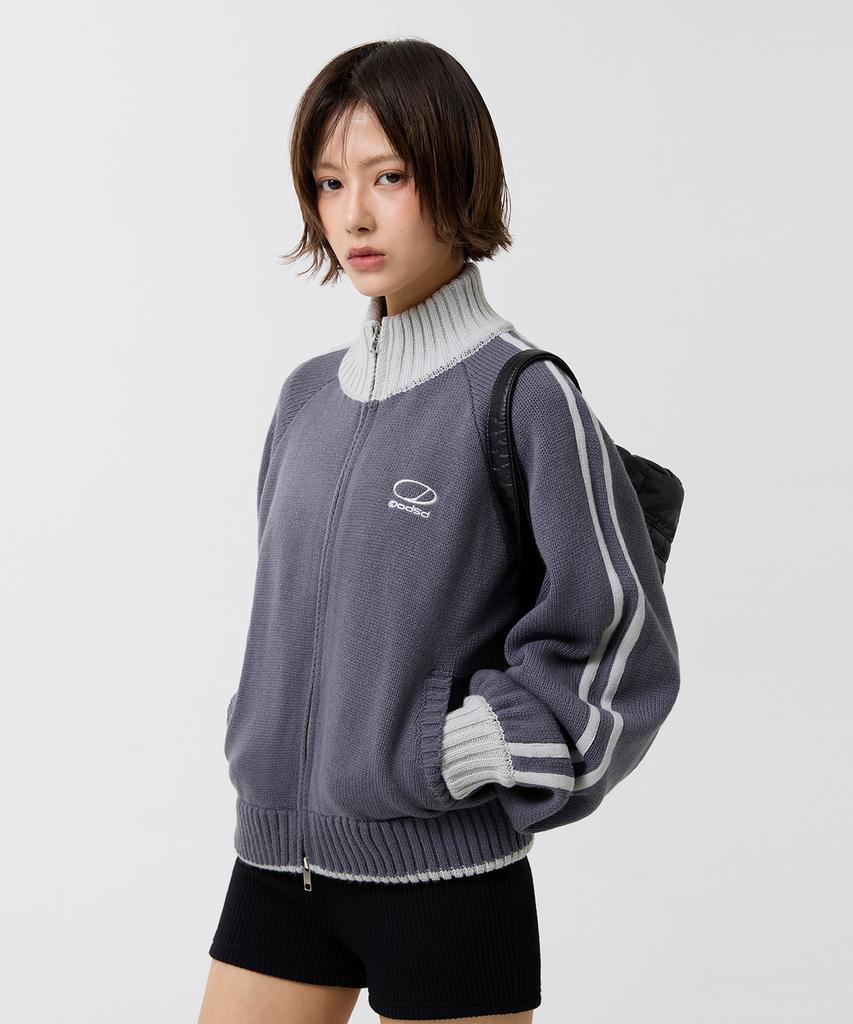 ODDSTUDIO Sporty Track Semi-Crop Knit Zip-Up - Gray