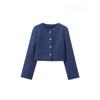 Women's Tweed Crop Jacket with Golden Buttons O Neck Long Sleeve Coat Female Outerwear