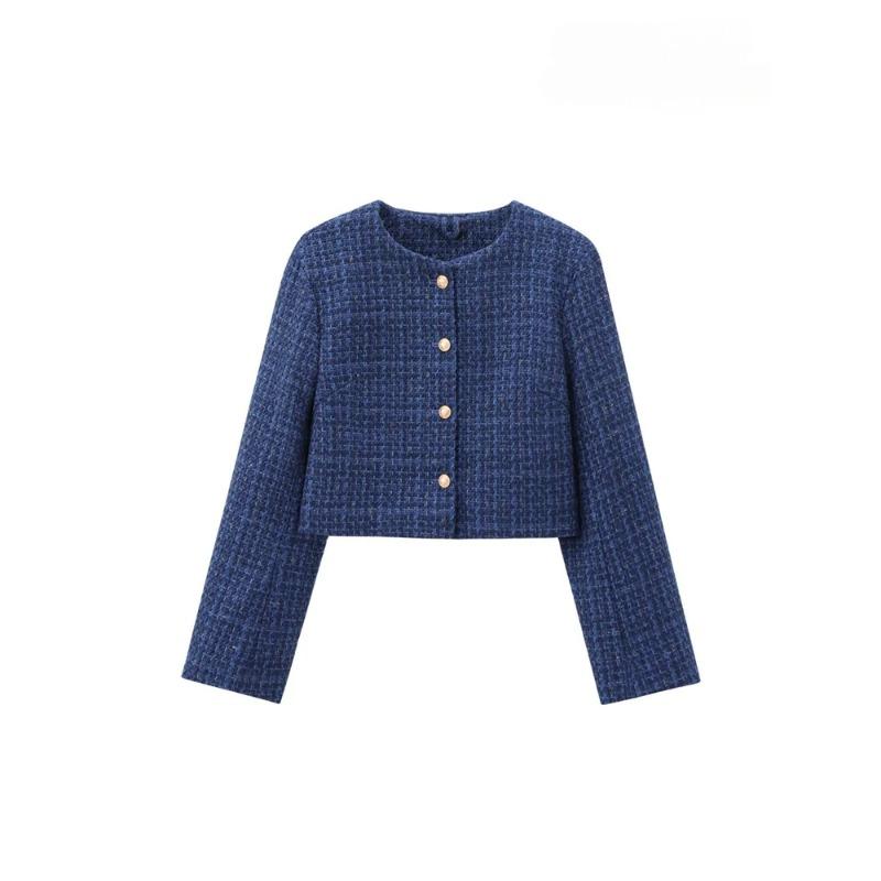 Women's Tweed Crop Jacket with Golden Buttons O Neck Long Sleeve Coat Female Outerwear