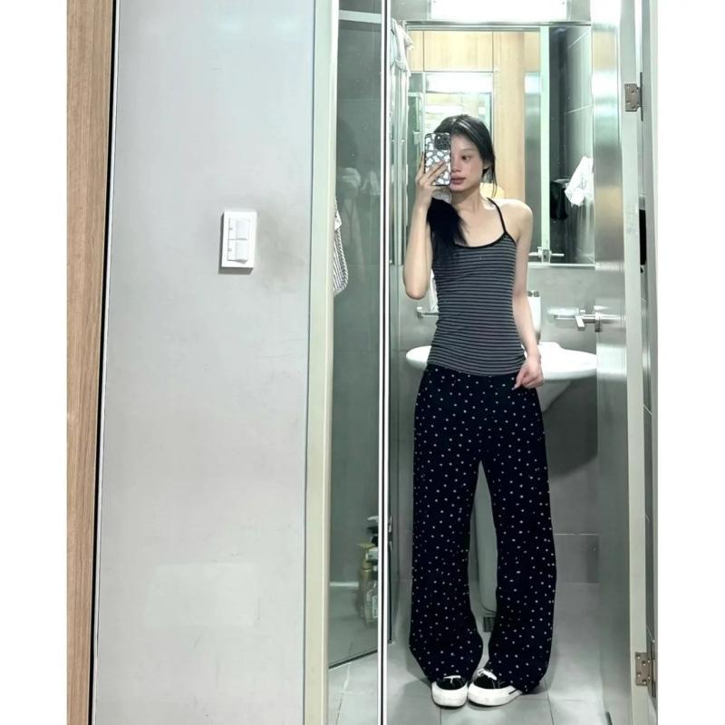 

Ретро старые цветочные джинсы в горошек женские весенне-осенние уличные черные брюки с высокой посадкой прямые свободные широкие брюки XL чёрный