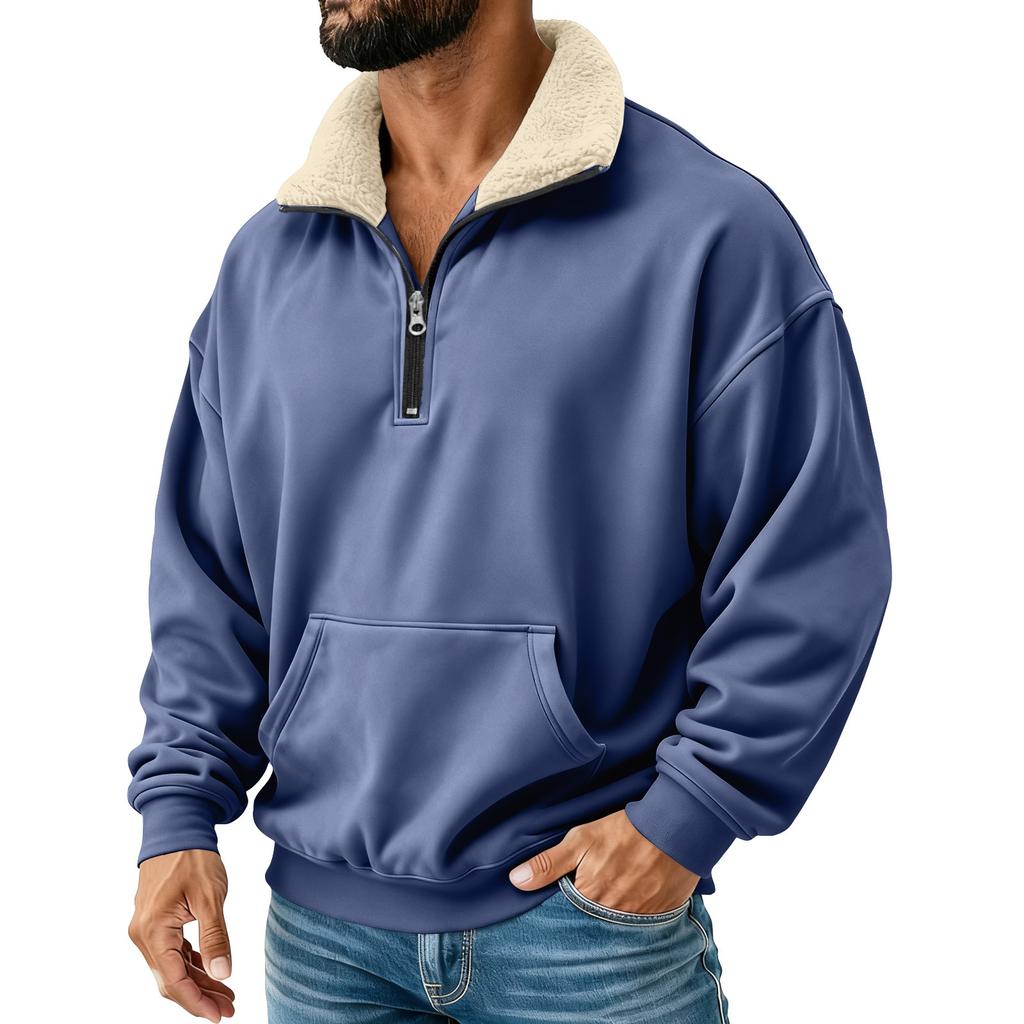 Men's Solid Color Half-Zip Stand Collar Plush Sweatshirt Men's Sports Plus Size Casual Sweatshirt