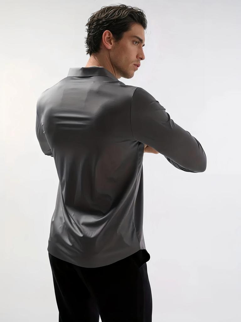 Men Long Sleeve Stretch Dress Shirt Slim Fit Solid Black Wrinkle Free Business Casual Top