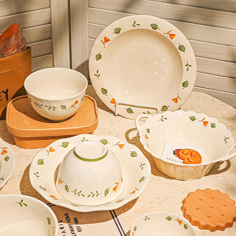 Plant Print Ceramic Dish Household 8 Inch New Beautiful Underglazed Colour Food Plates White Microwave Heating Kitchen Tableware