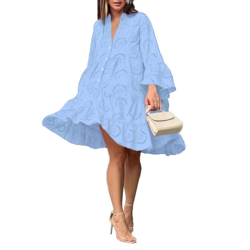 Abito con orlo a volant cavo, Elegante abito solido con scollo a V e maniche svasate, Abbigliamento da donna