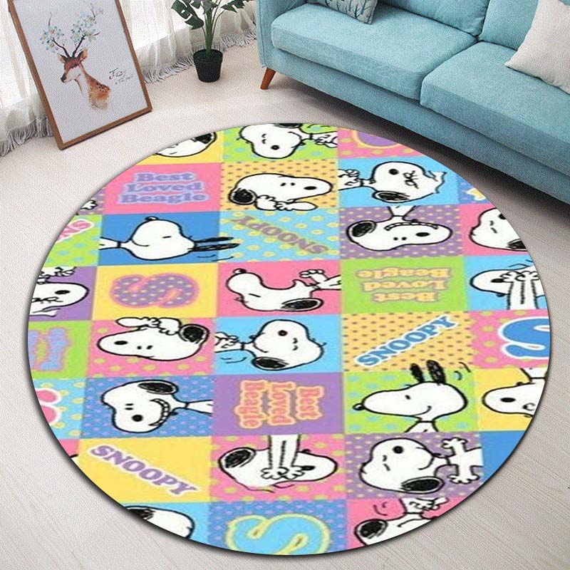Kawaii Snoopy Round Rug Cute Cartoon Printed Circular Carpet Anti-Slip Floor Mat for Kids Room Nursery Decor