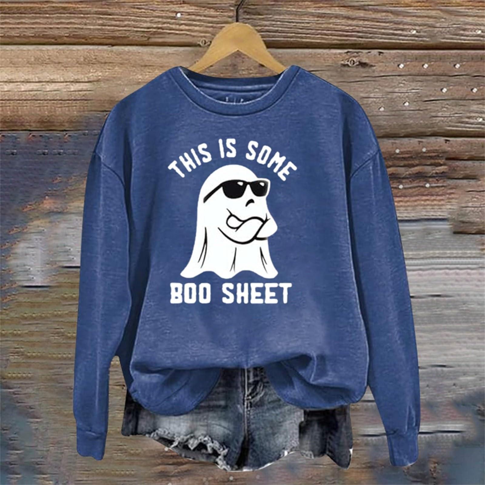 

Женский модный повседневный топ с длинным рукавом и принтом на Хэллоуин, с круглым вырезом L синий