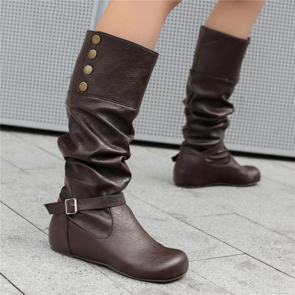 Women'S White Pu Leather Knee High Boots Pleated Tall Design Internal Height Buckle Long Footwear For Autumn Winter Size 34-50