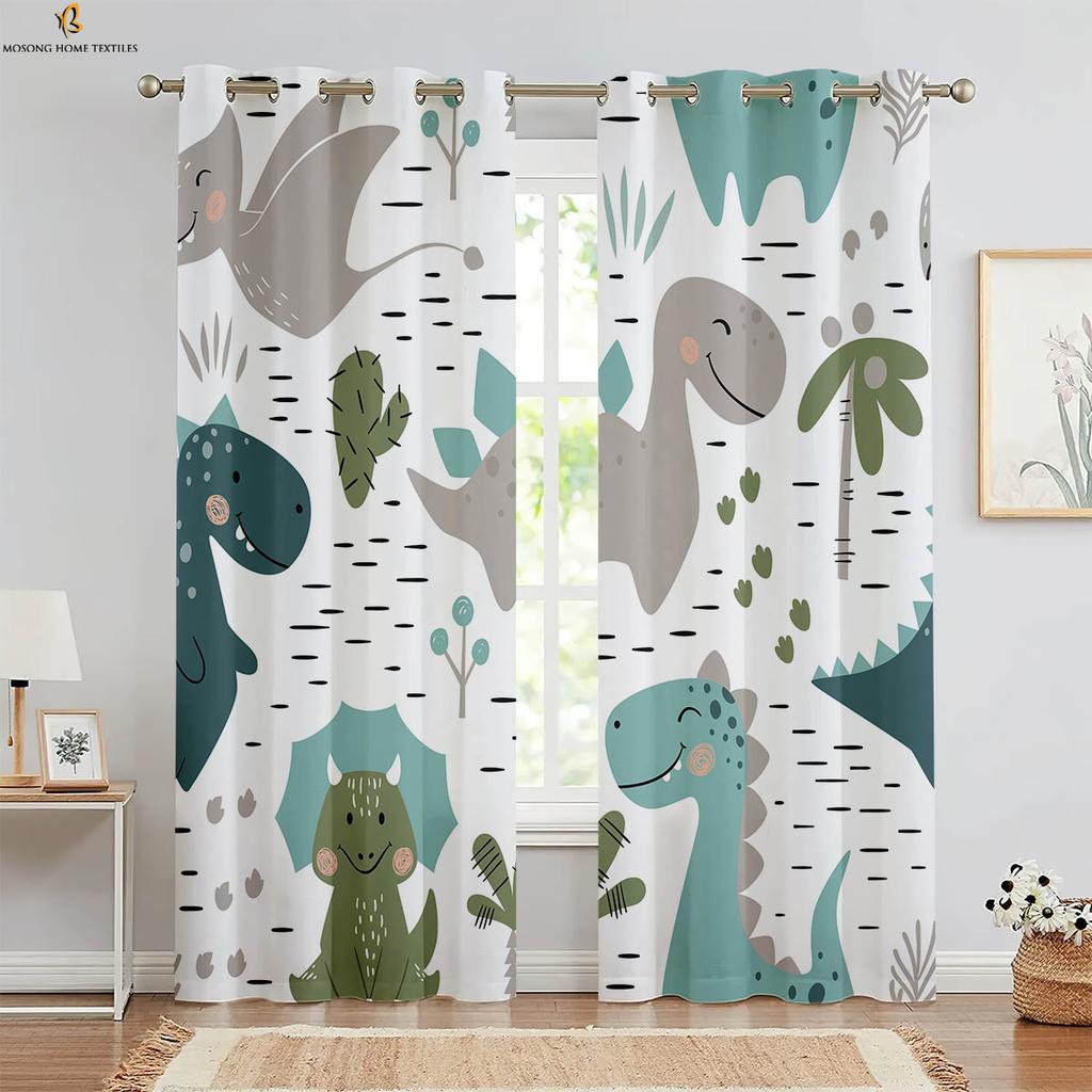 Set Of 2 Black White Dinosaur Cartoon Print Curtains Polyester Bedroom Living Room Kitchen Kids Decorative Curtain For Made
