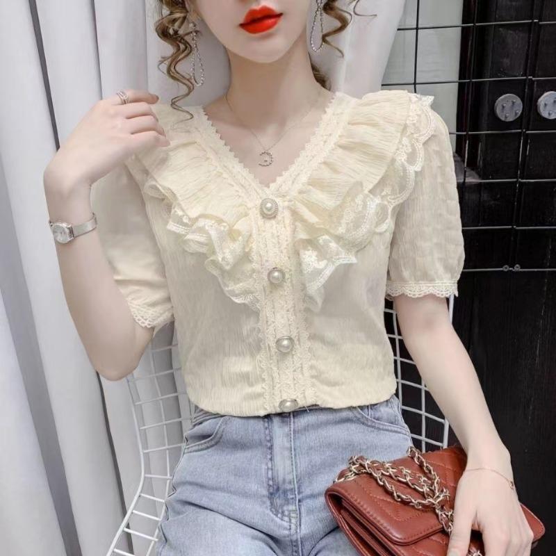 Korean Chic Ruffle Blouse Women Shirt White Chiffon Lace Blouse Sweet V-neck French Vintage Palace Style Short Sleeve Tops