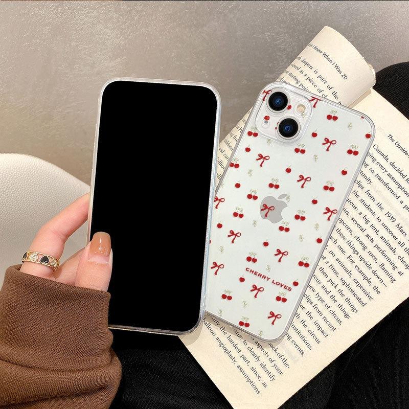 2026 New Bow Cherry Apple 17promax Mobile Phone Case 16 Premium Transparent iPhone15 Super Beautiful