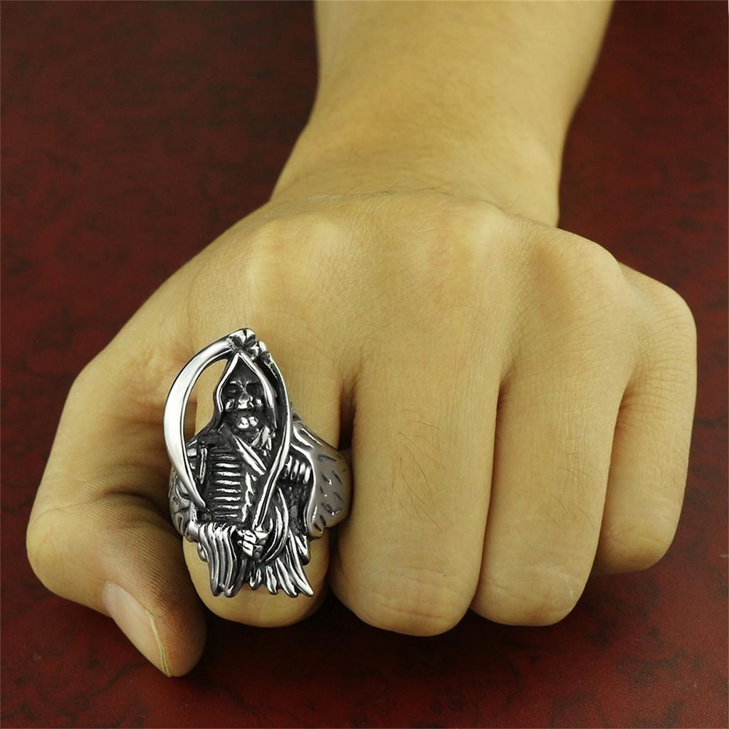 Santa Muerte Mexikanischer Sensenmann Unsere Liebe Frau vom Heiligen Tod Edelstahlring für Männer Punk Schmuck